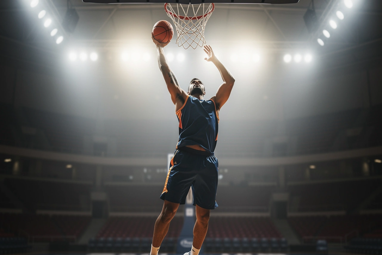 Basketballspieler bei einem Wurf unter dem Korb während eines Spiels in der Halle