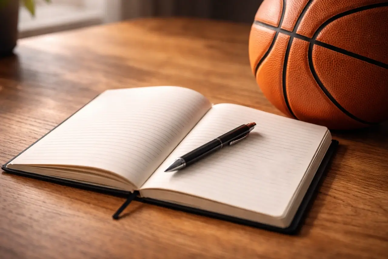 Aufgeschlagenes Notizbuch mit Stift auf einem Schreibtisch neben einem Basketball