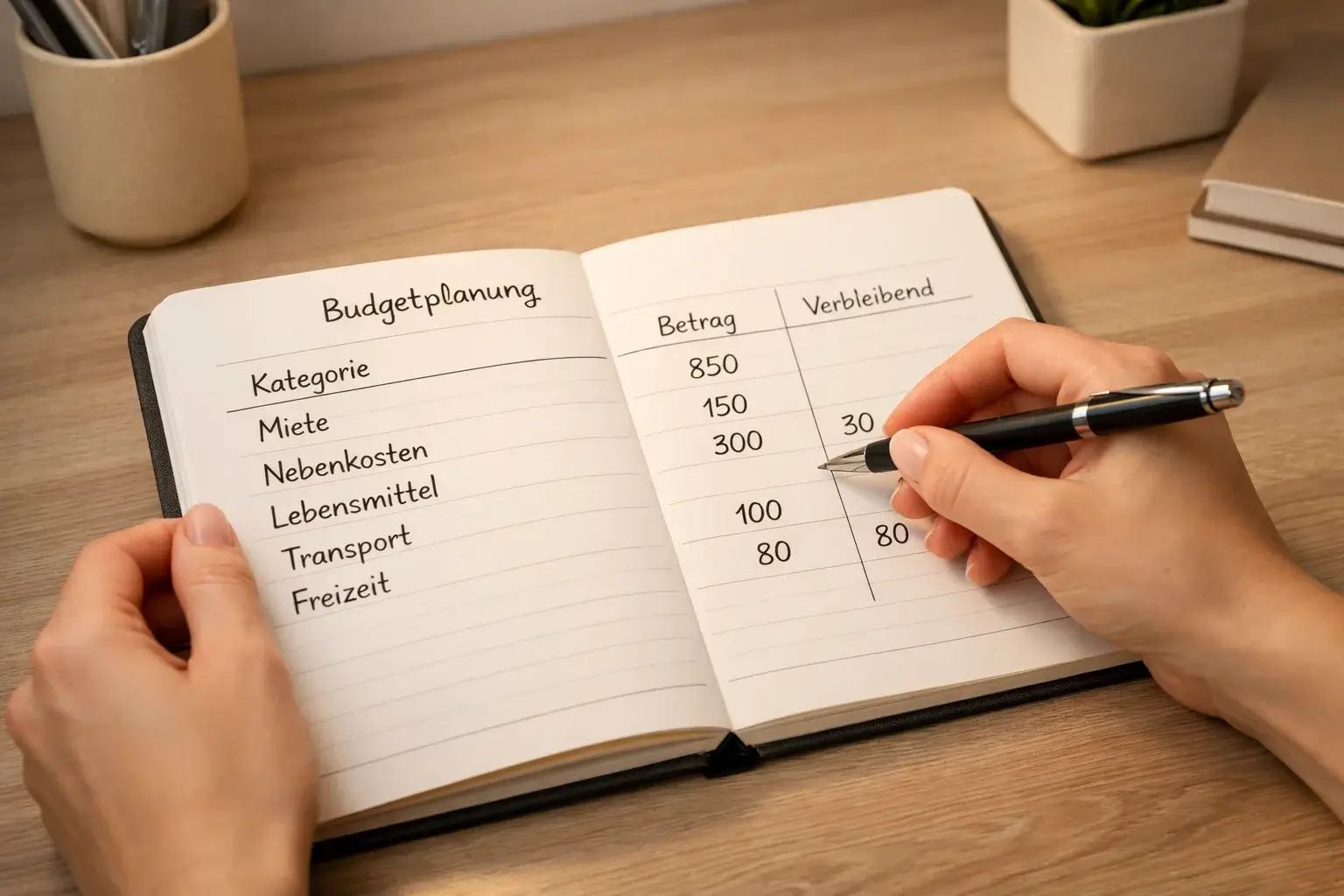 Person plant ein Budget mit Stift und Notizbuch