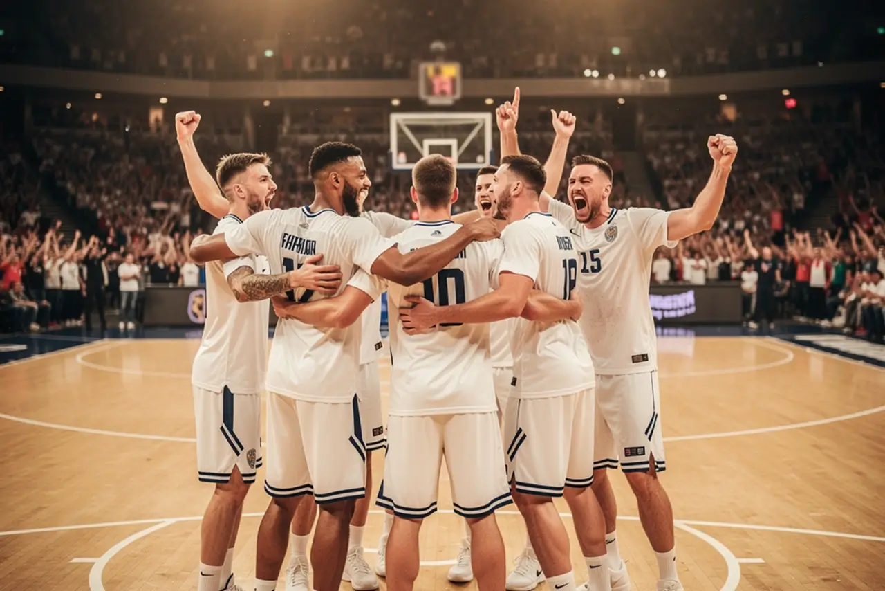 Basketballspieler einer Nationalmannschaft beim Jubel nach einem Sieg im Turnier