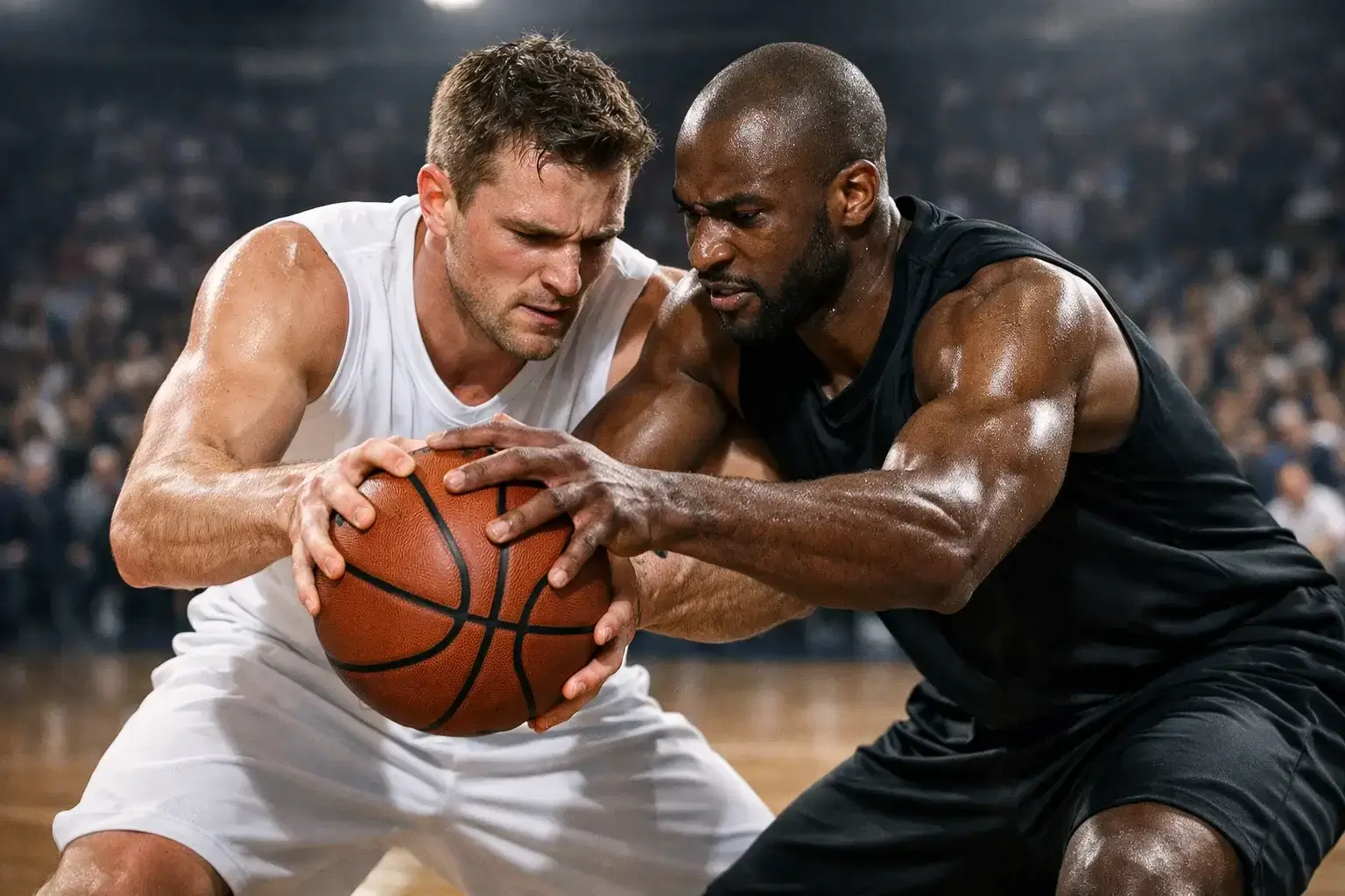 Basketballspieler k&auml;mpfen um den Ball w&auml;hrend eines intensiven Spiels