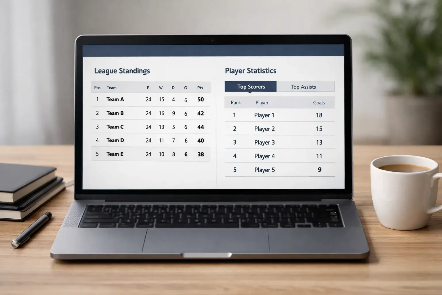 Laptop zeigt eine Sport-Statistik-Website mit Basketball-Daten