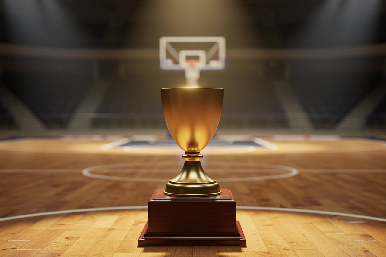 Basketballpokal auf einem Podest mit Hallenbeleuchtung im Hintergrund