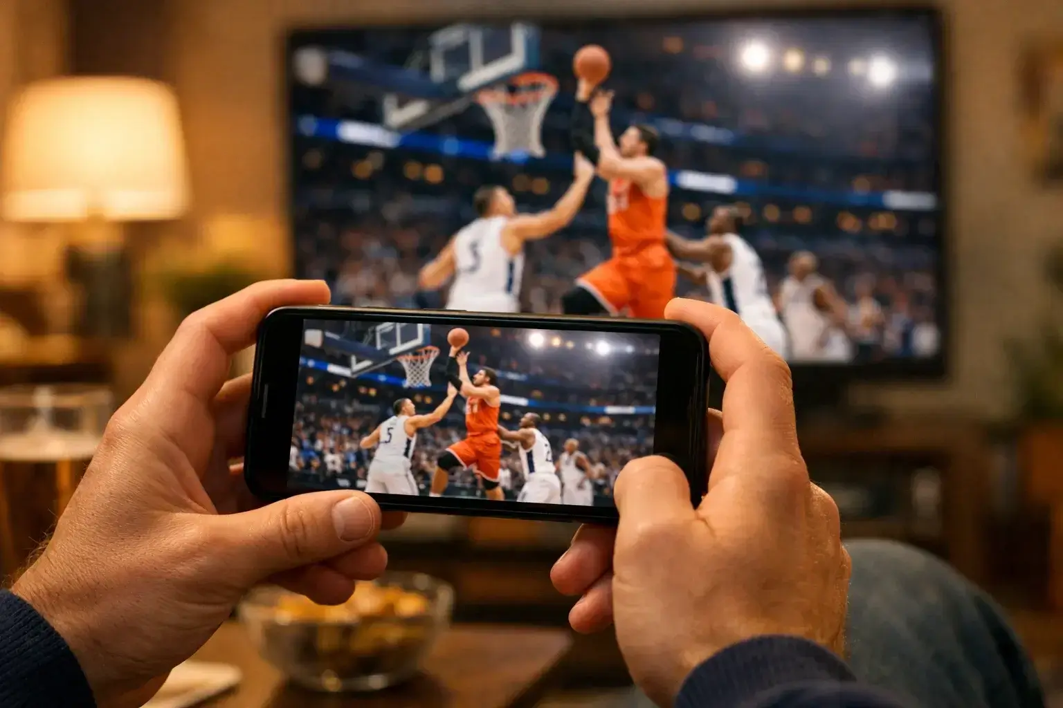 Fan verfolgt ein Basketballspiel live auf dem Smartphone in einer Sportbar