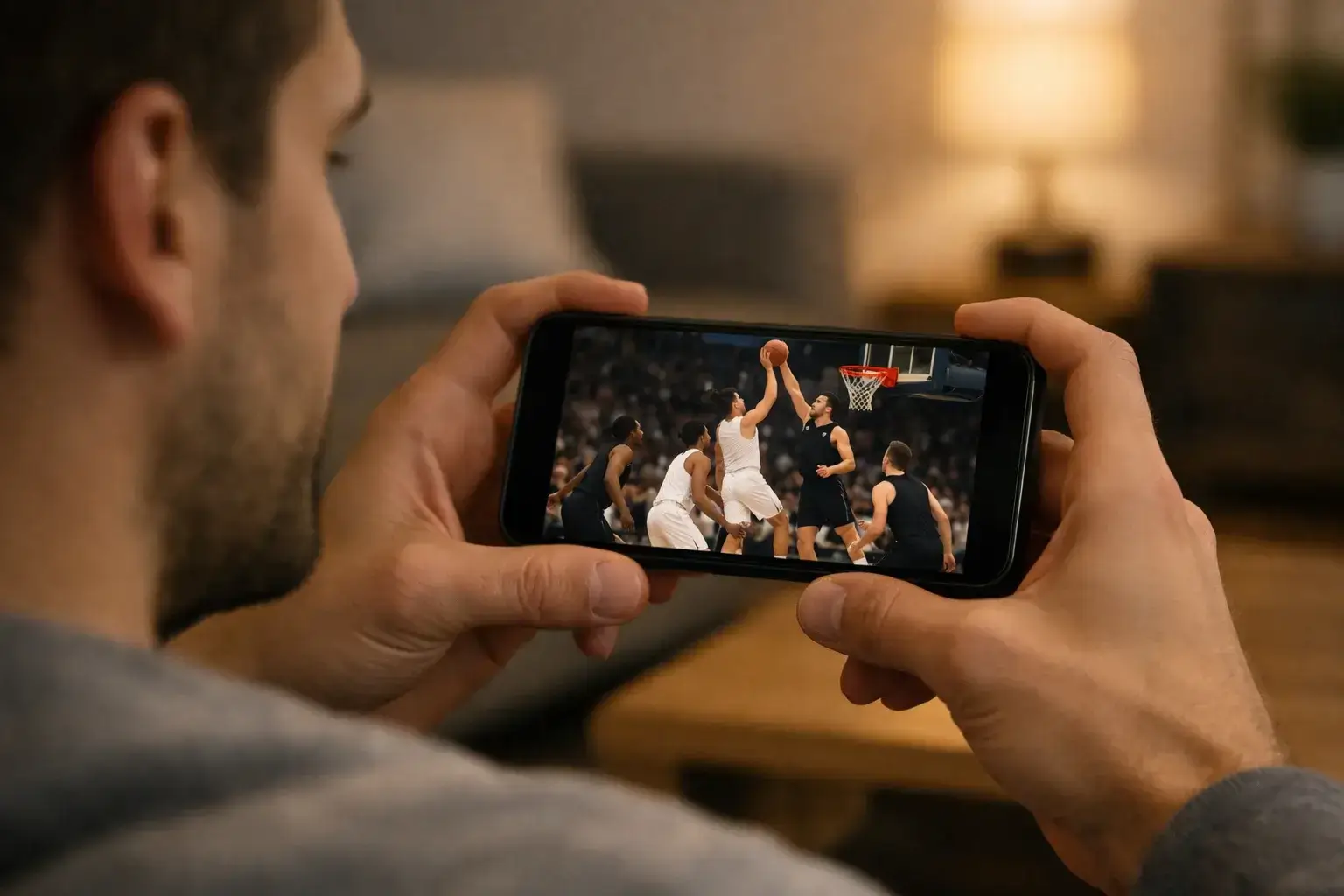 Fan verfolgt ein Basketball-Spiel live auf dem Smartphone