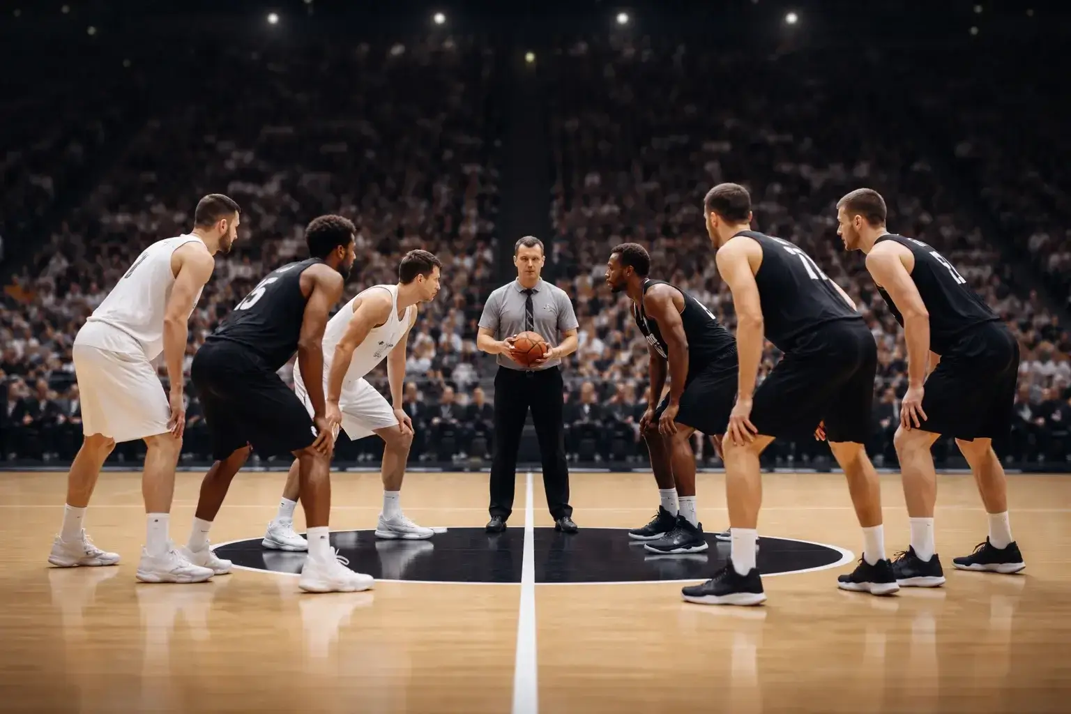 Zwei Basketball-Teams stehen sich vor dem Spielbeginn gegen&uuml;ber