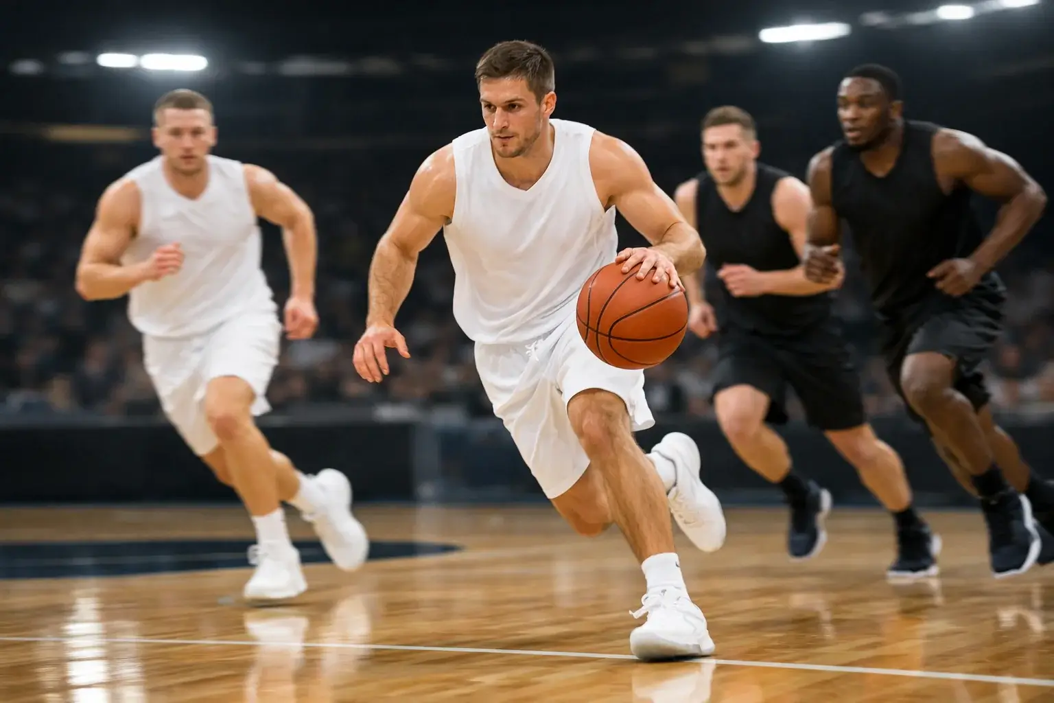 Basketball-Spieler beim schnellen Angriff mit hohem Tempo