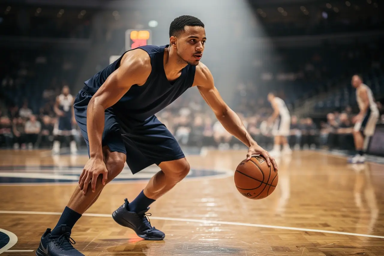 Basketballspieler dribbelt den Ball im Fokus mit unscharfem Hallenhintergrund