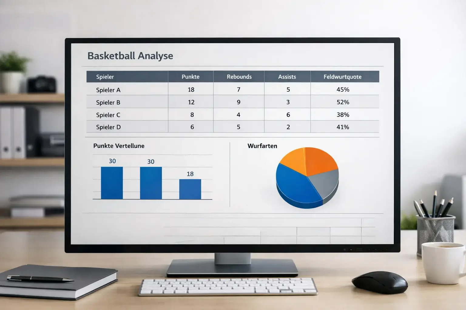 Statistik-Tabelle mit Basketball-Spielerdaten auf einem Bildschirm