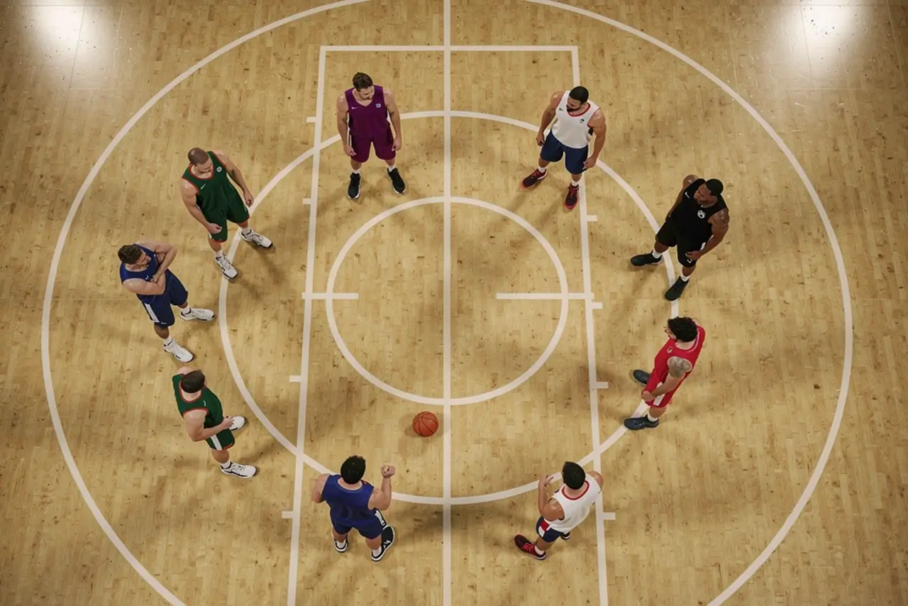 Blick von oben auf ein Basketballfeld mit Spielern während einer Spielunterbrechung