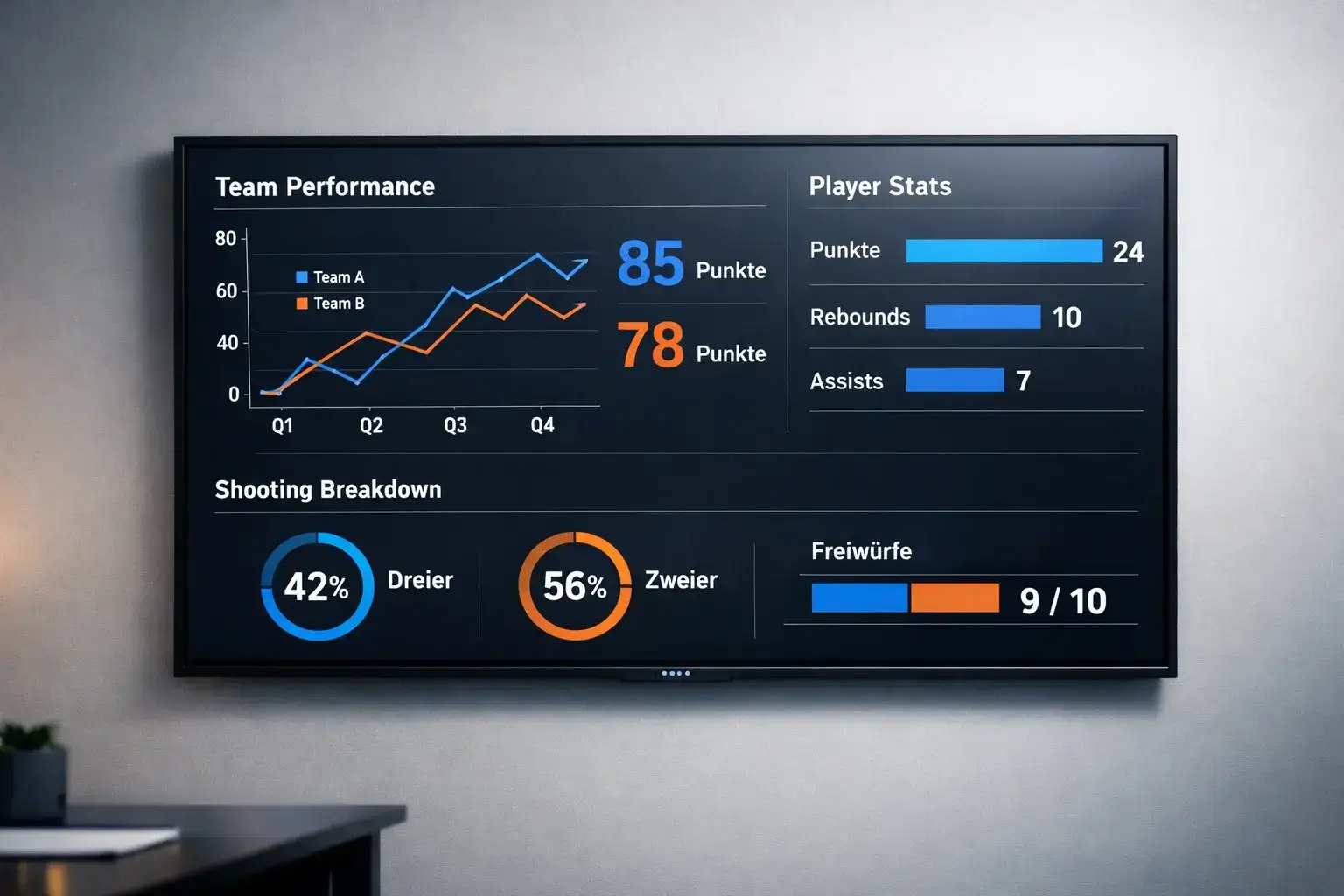 NBA-Spielstatistiken auf einem Bildschirm mit Diagrammen zur Teamleistung