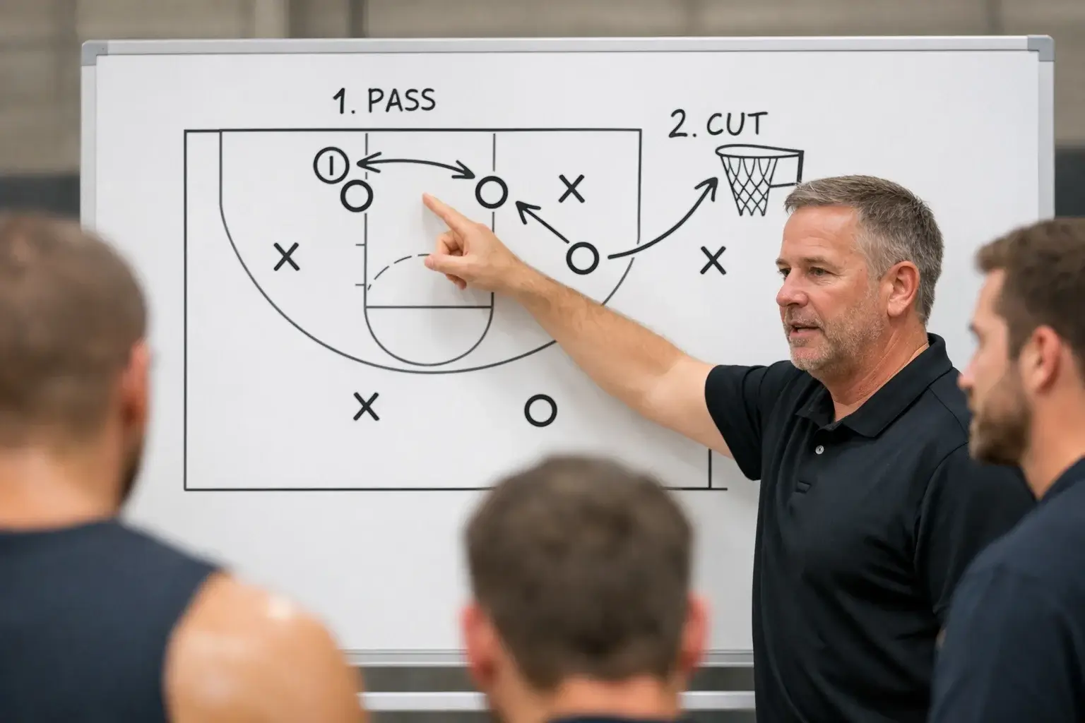 Basketball-Coach erklärt Spielzüge auf einem Taktikbrett