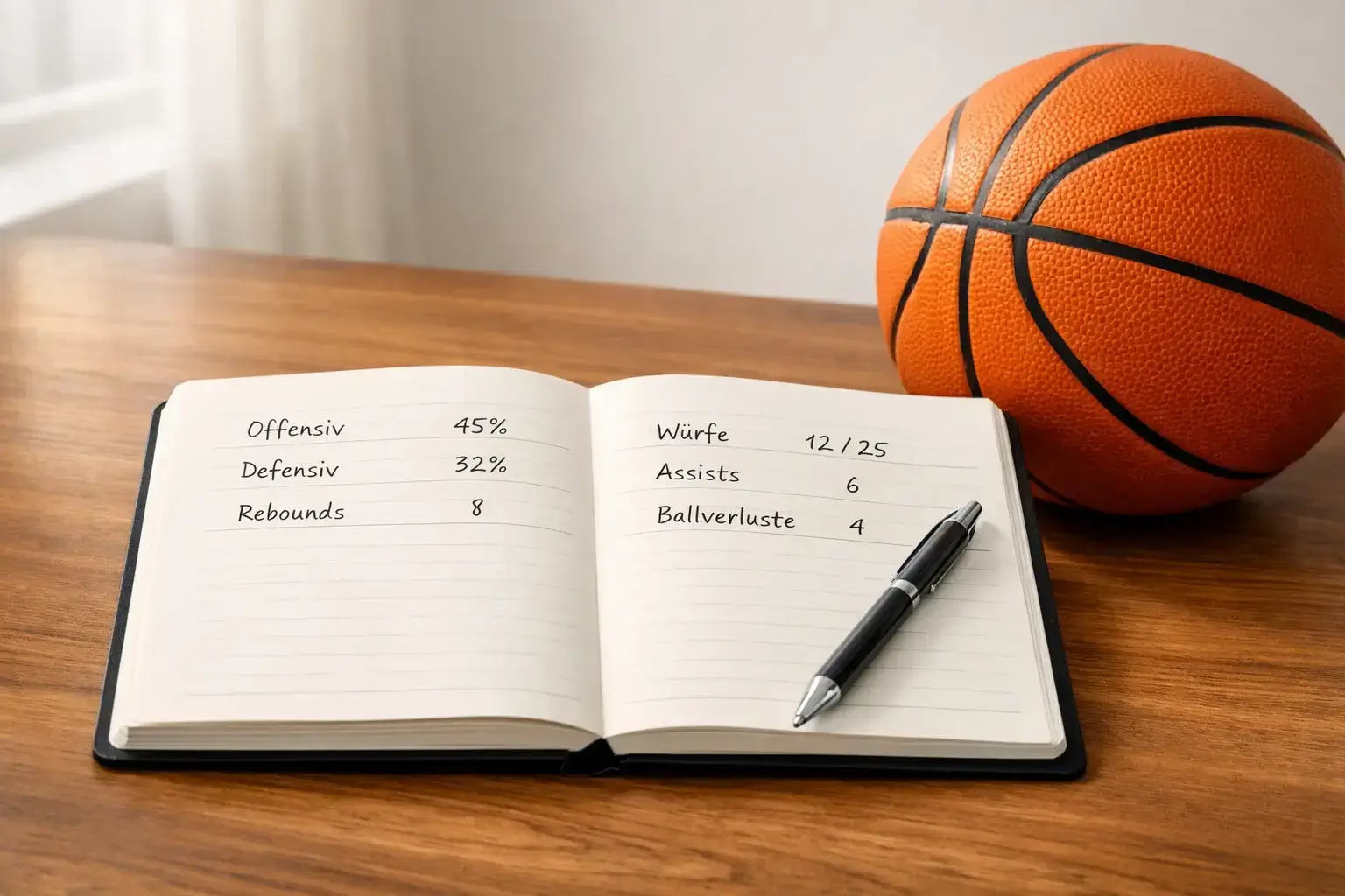 Notizbuch mit Sportanalysen neben einem Basketball
