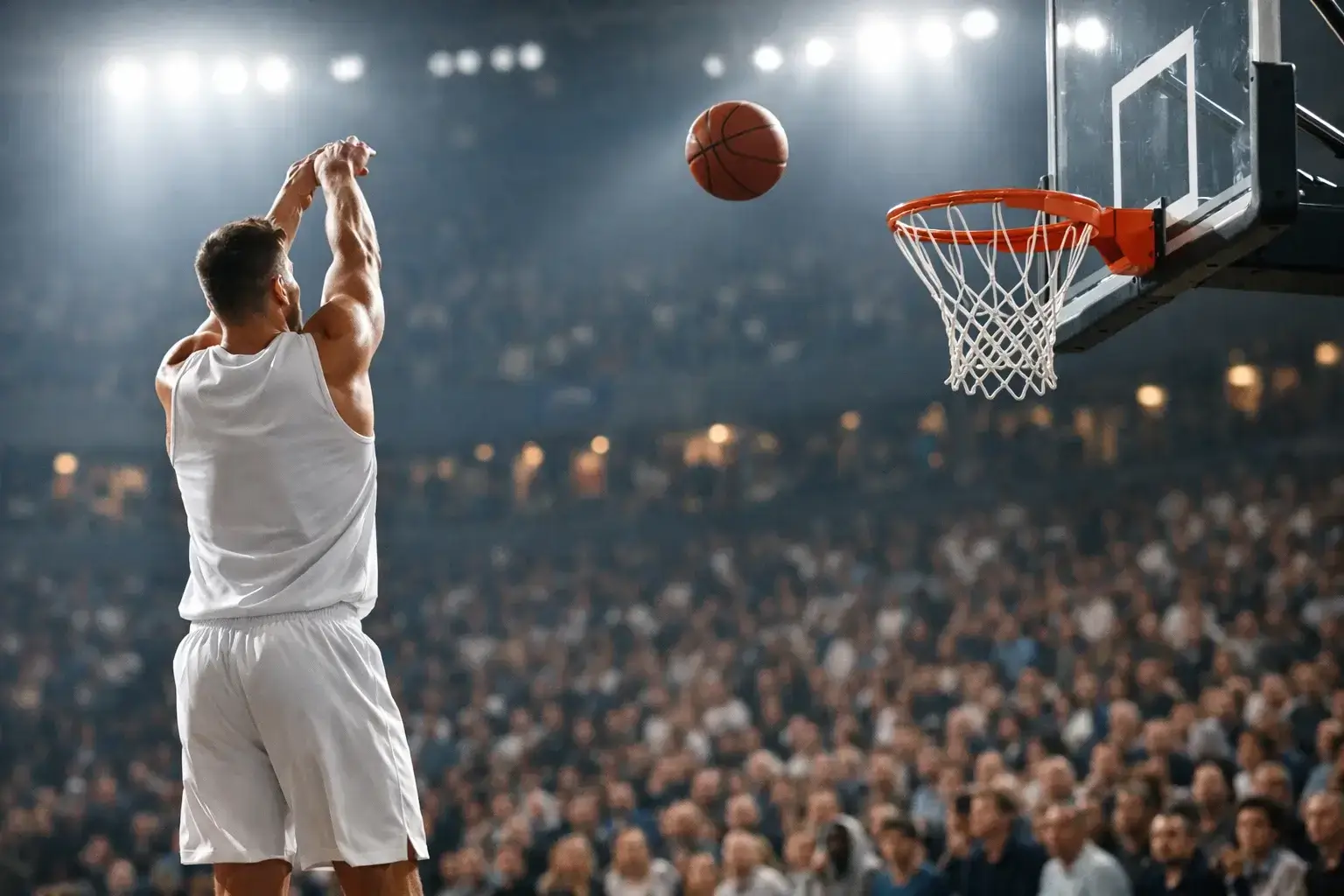 Basketballspieler beim Sprungwurf in einer vollen Arena