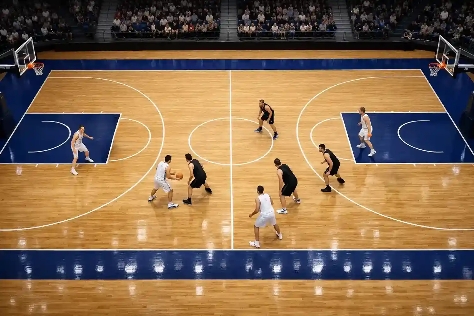 Basketballfeld von oben mit Spielern in Aktion während eines NBA-Spiels