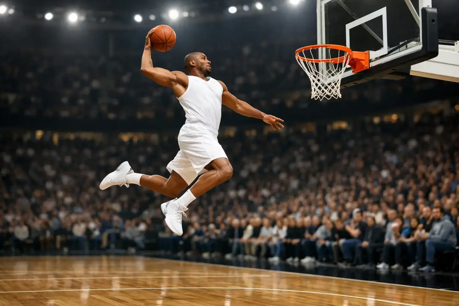 Basketballspieler beim Korbwurf in einer ausverkauften Arena mit dramatischer Beleuchtung