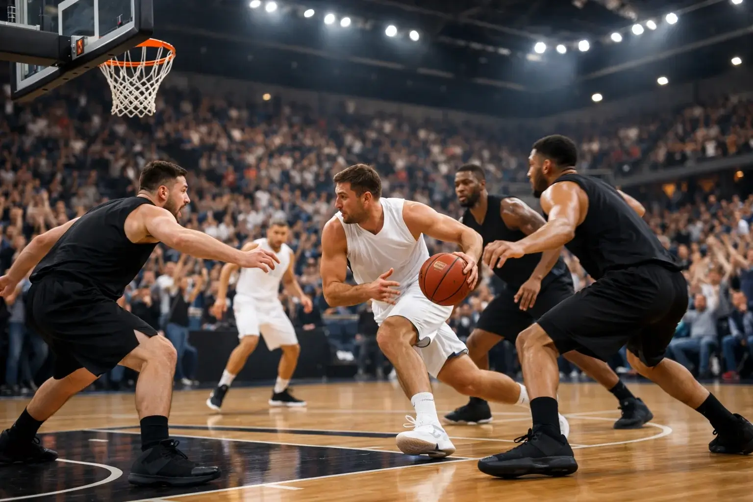 Basketball-Halle während eines BBL-Spiels mit Vereinslogos