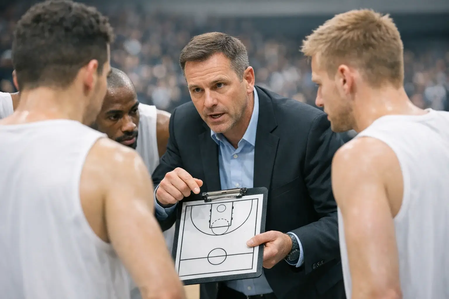 Basketball-Team bei einer Auszeit mit dem Trainer