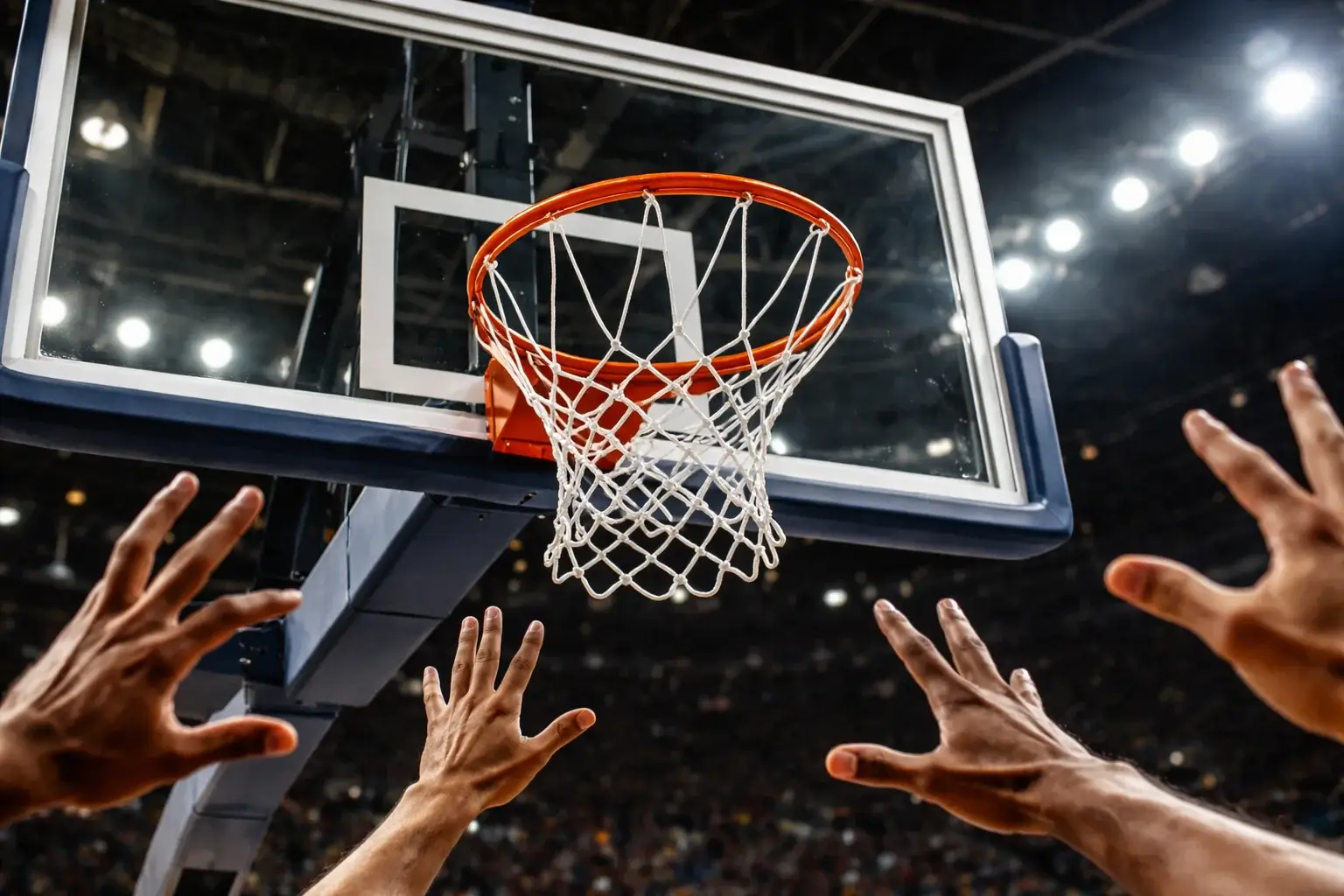 Basketballkorb aus der Nahperspektive während eines Spiels