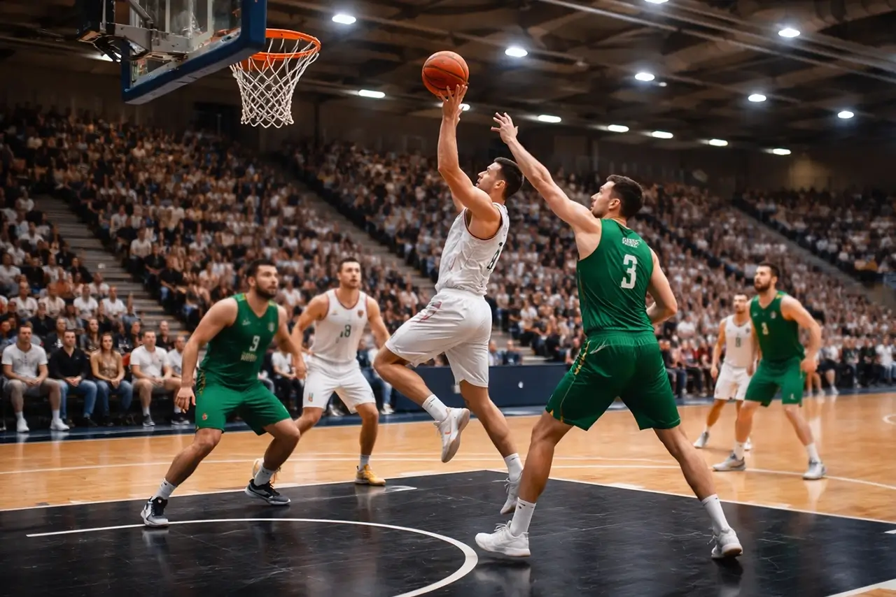 Basketballspiel in einer deutschen Sporthalle mit stimmungsvollem Publikum