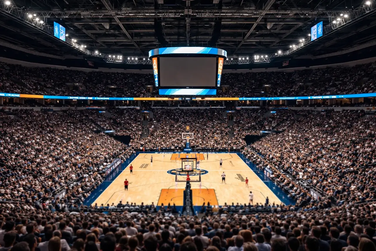 Basketballarena aus der Zuschauerperspektive mit Blick auf das beleuchtete Spielfeld