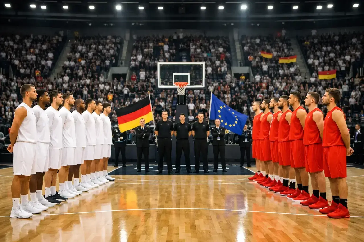 Basketball-Teams aus verschiedenen europ&auml;ischen L&auml;ndern vor dem Spiel