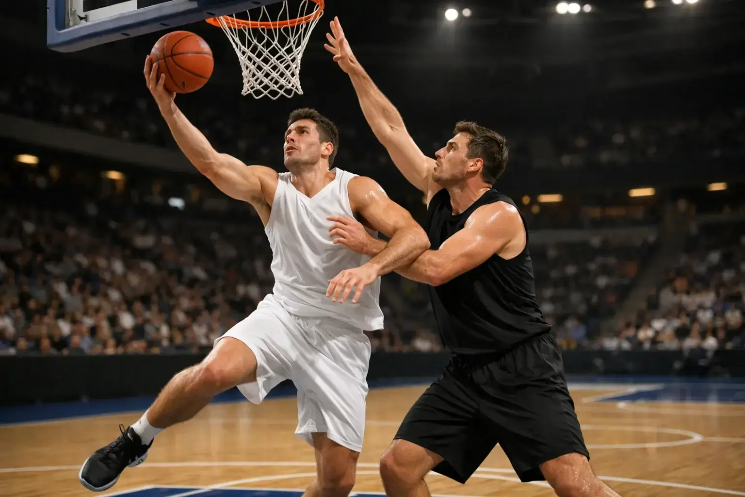 Intensives Duell unter dem Korb w&auml;hrend eines EuroLeague-Spiels