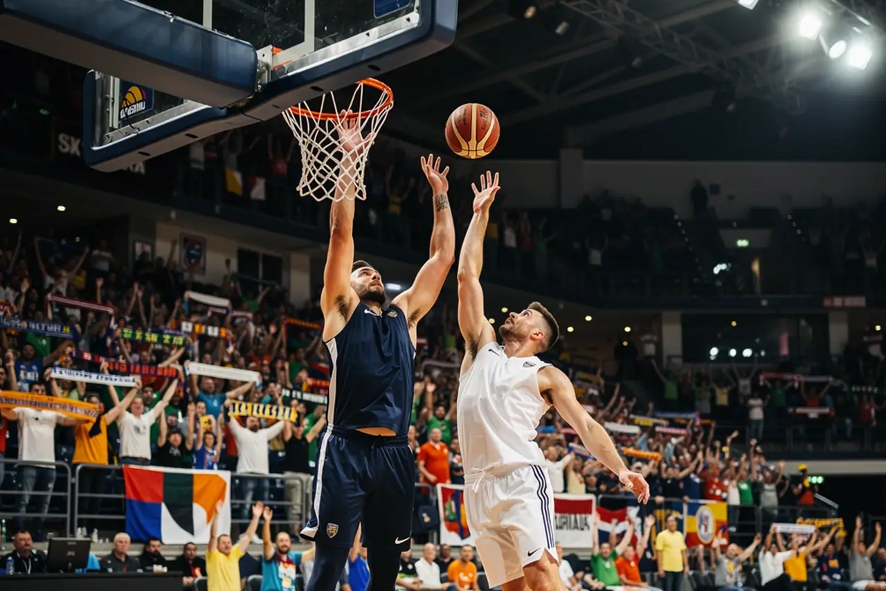 Europäisches Basketballspiel in einer vollen Arena mit leidenschaftlichen Fans