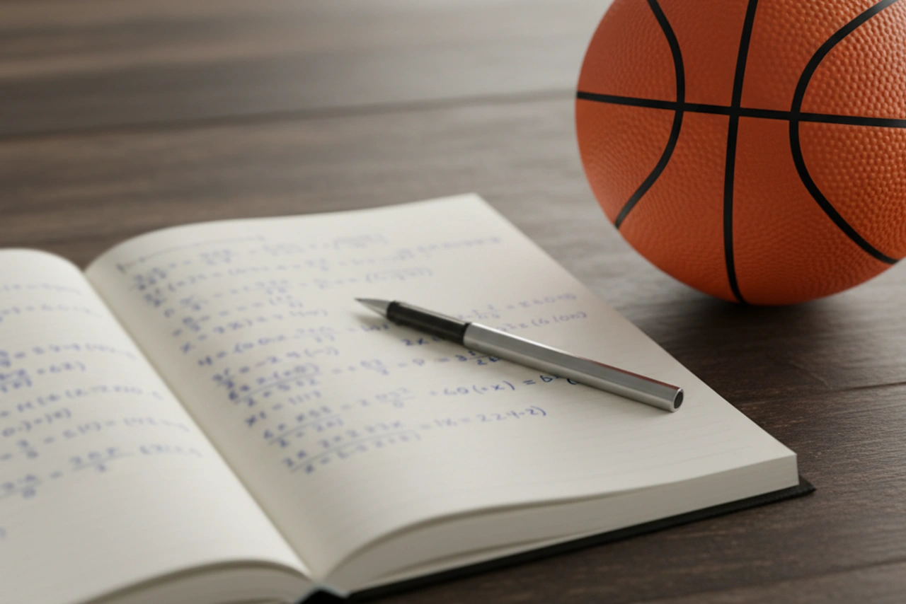 Notizbuch mit handschriftlichen Berechnungen neben einem Basketball auf einem Tisch