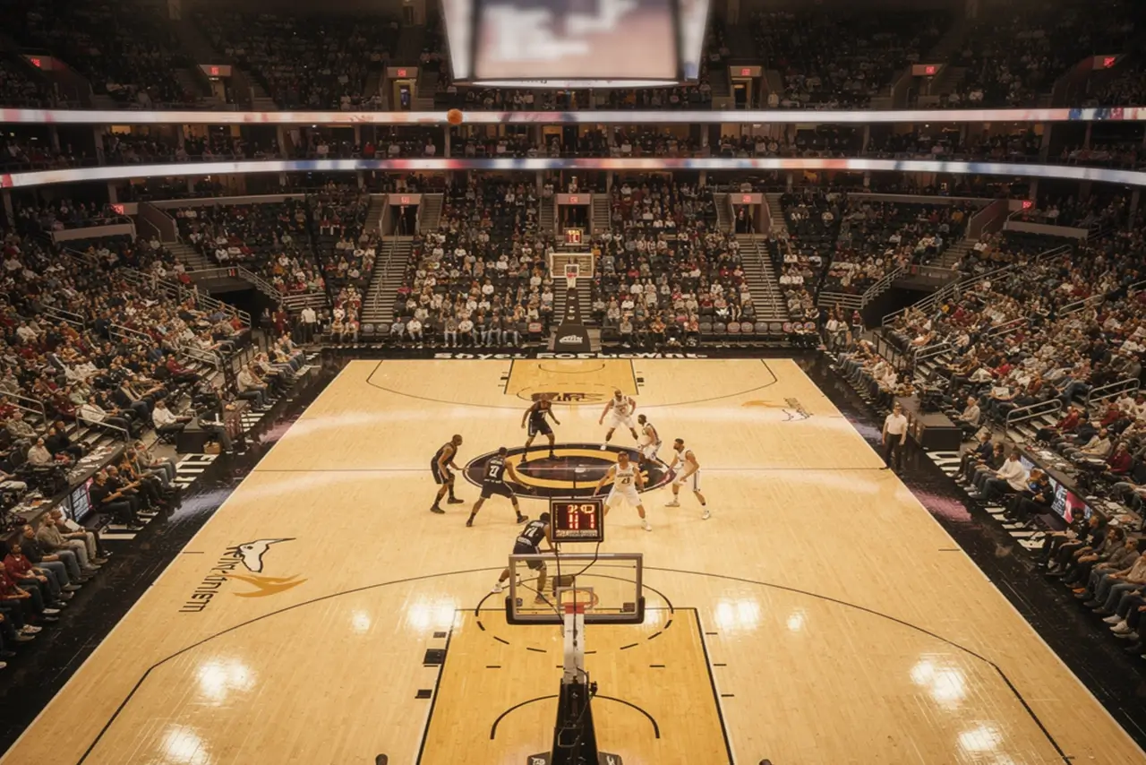 Mehrere Basketballspiele gleichzeitig in einer beleuchteten NBA-Arena am Spielabend