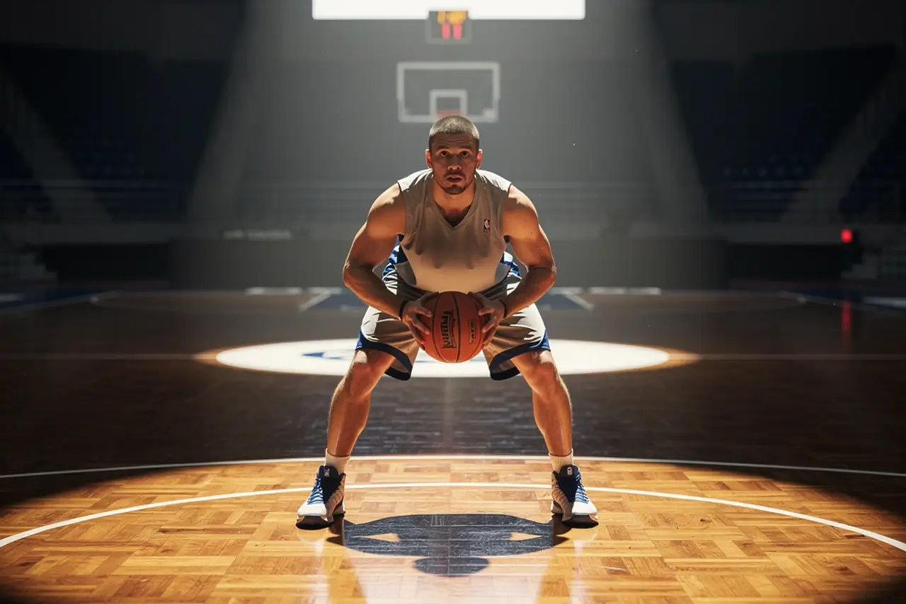 Basketballspieler beim Dribbling auf dem Spielfeld mit leuchtender Anzeigetafel im Hintergrund