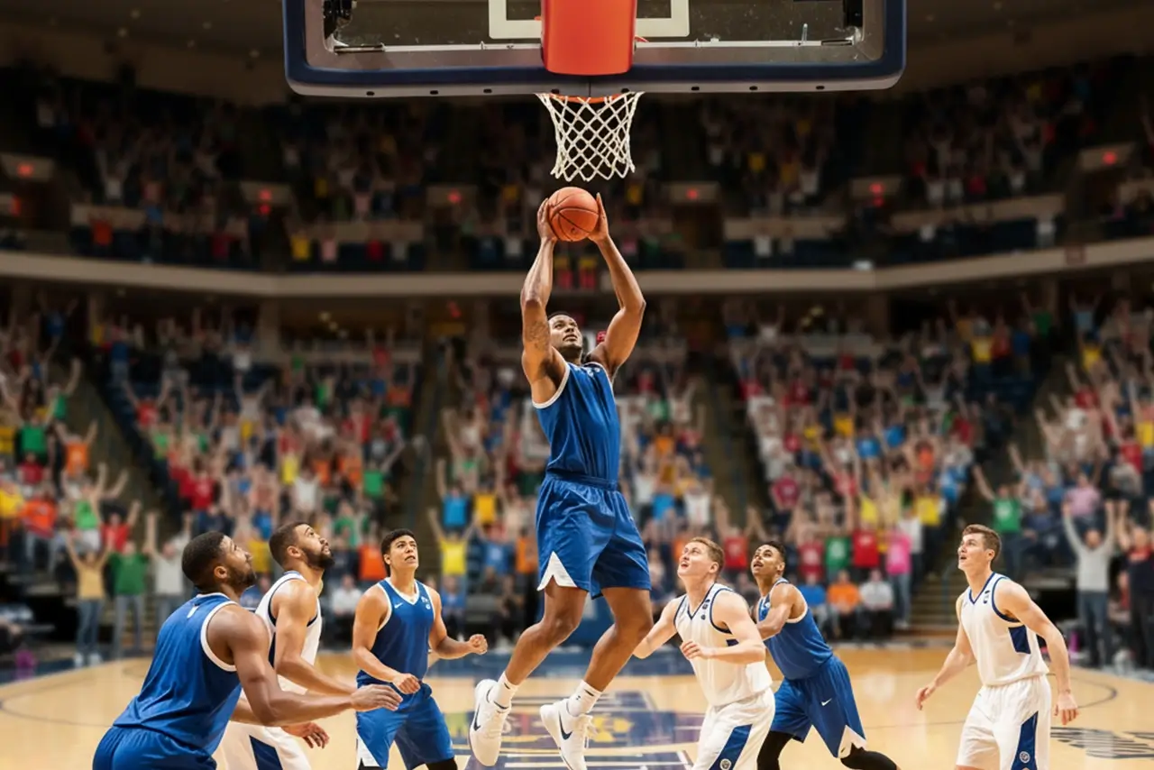 College-Basketballspiel in einer vollen Universitätshalle mit jubelnden Studenten