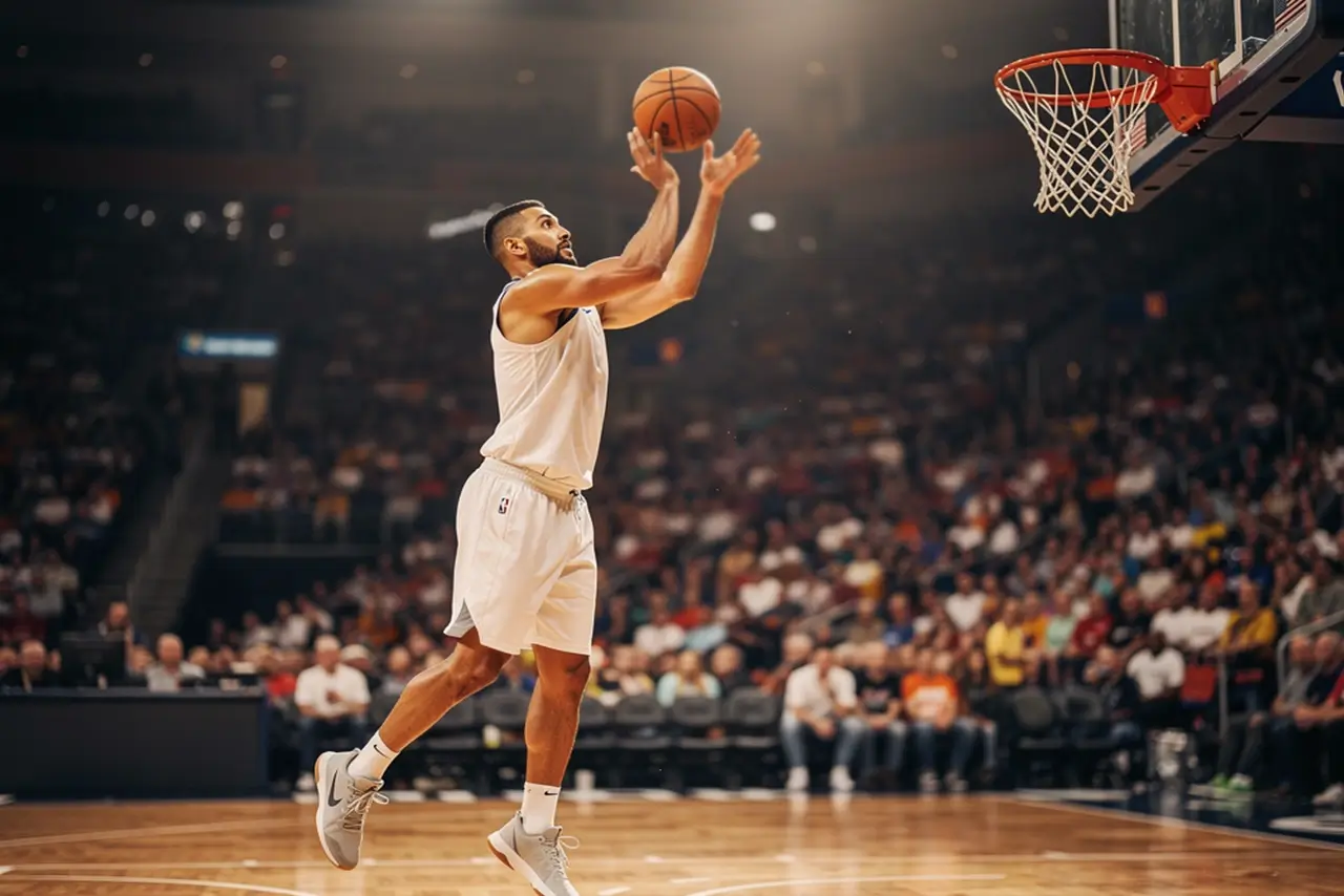 Basketballspieler beim Wurf während eines NBA-Spiels unter Hallenbeleuchtung