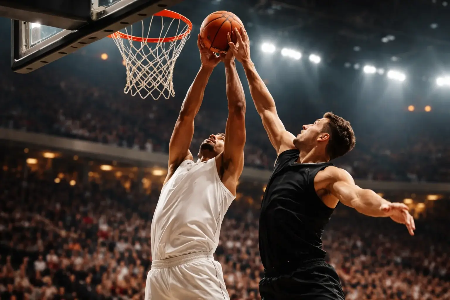 Basketball-Spielszene mit dynamischer Aktion unter dem Korb