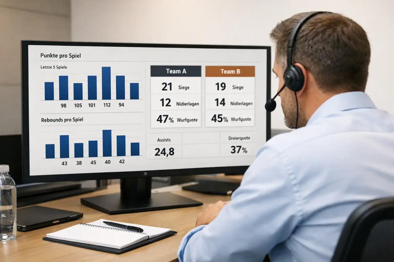 Sportanalyst betrachtet Basketball-Statistiken auf einem Monitor
