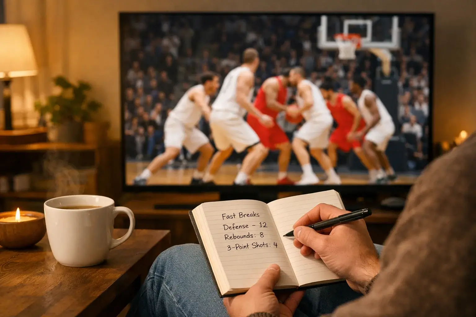 Person macht sich Notizen w&auml;hrend einer Basketball-&Uuml;bertragung auf dem Bildschirm