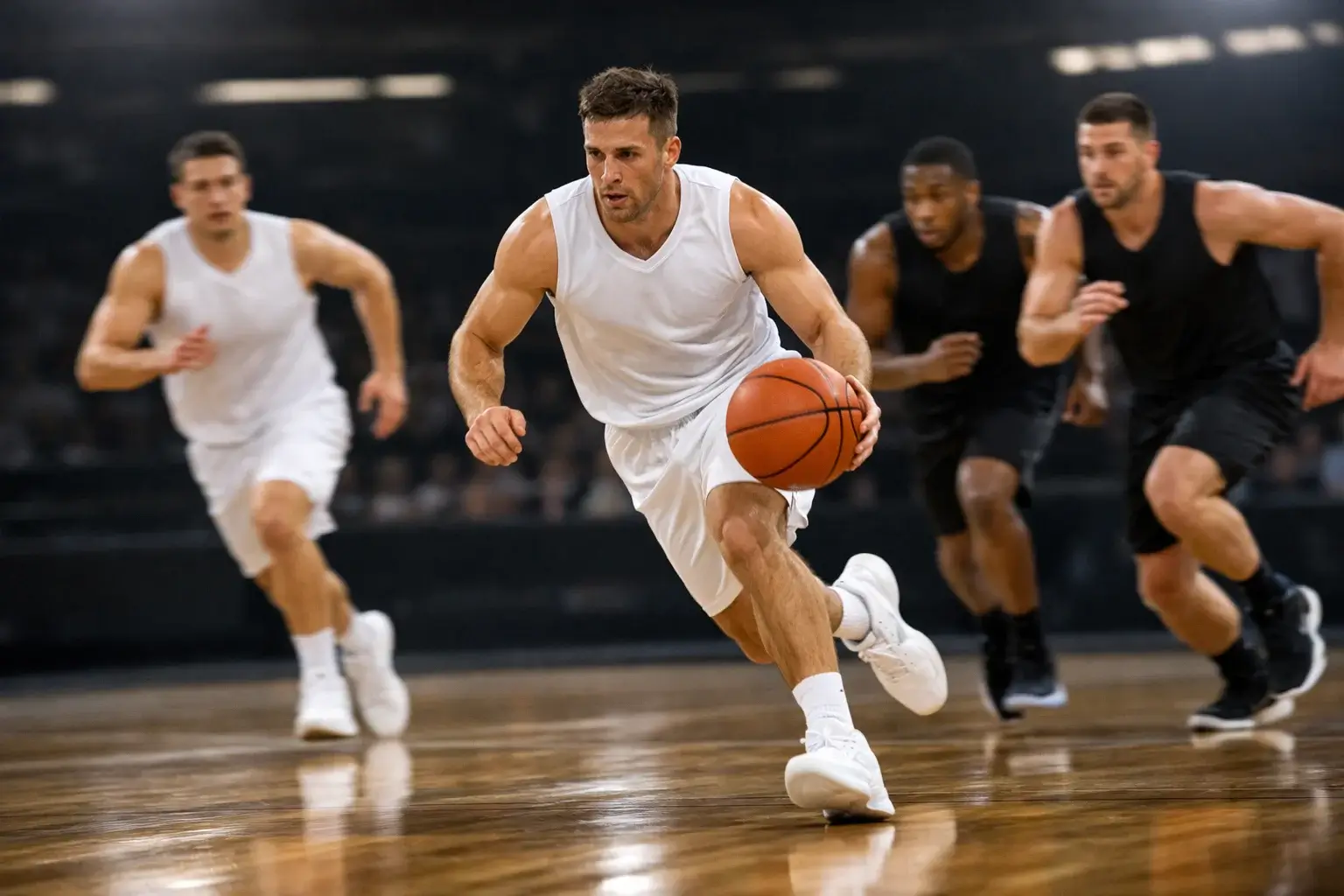 Basketball-Arena während eines NBA-Spiels mit Fans und leuchtenden Anzeigetafeln