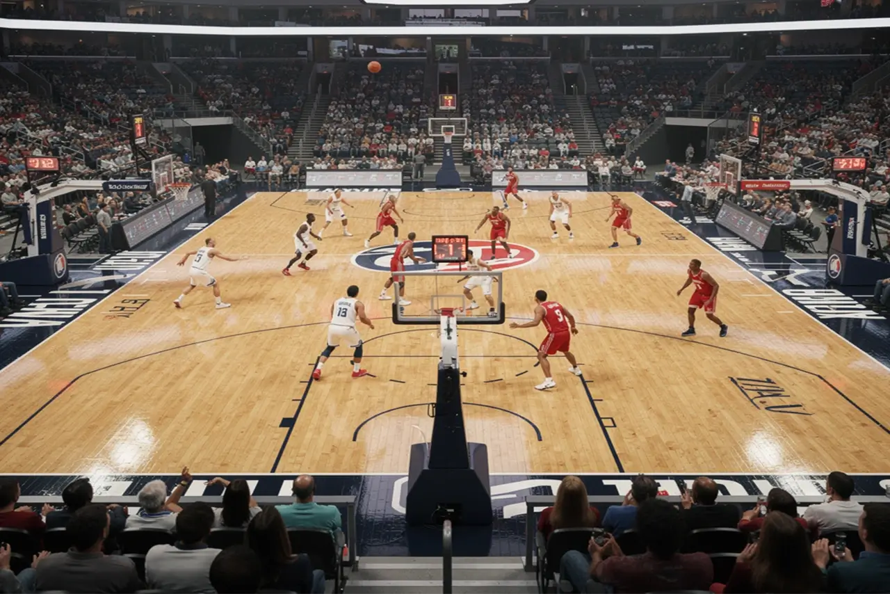 NBA-Basketballspiel in einer ausverkauften Arena mit Blick auf das Spielfeld