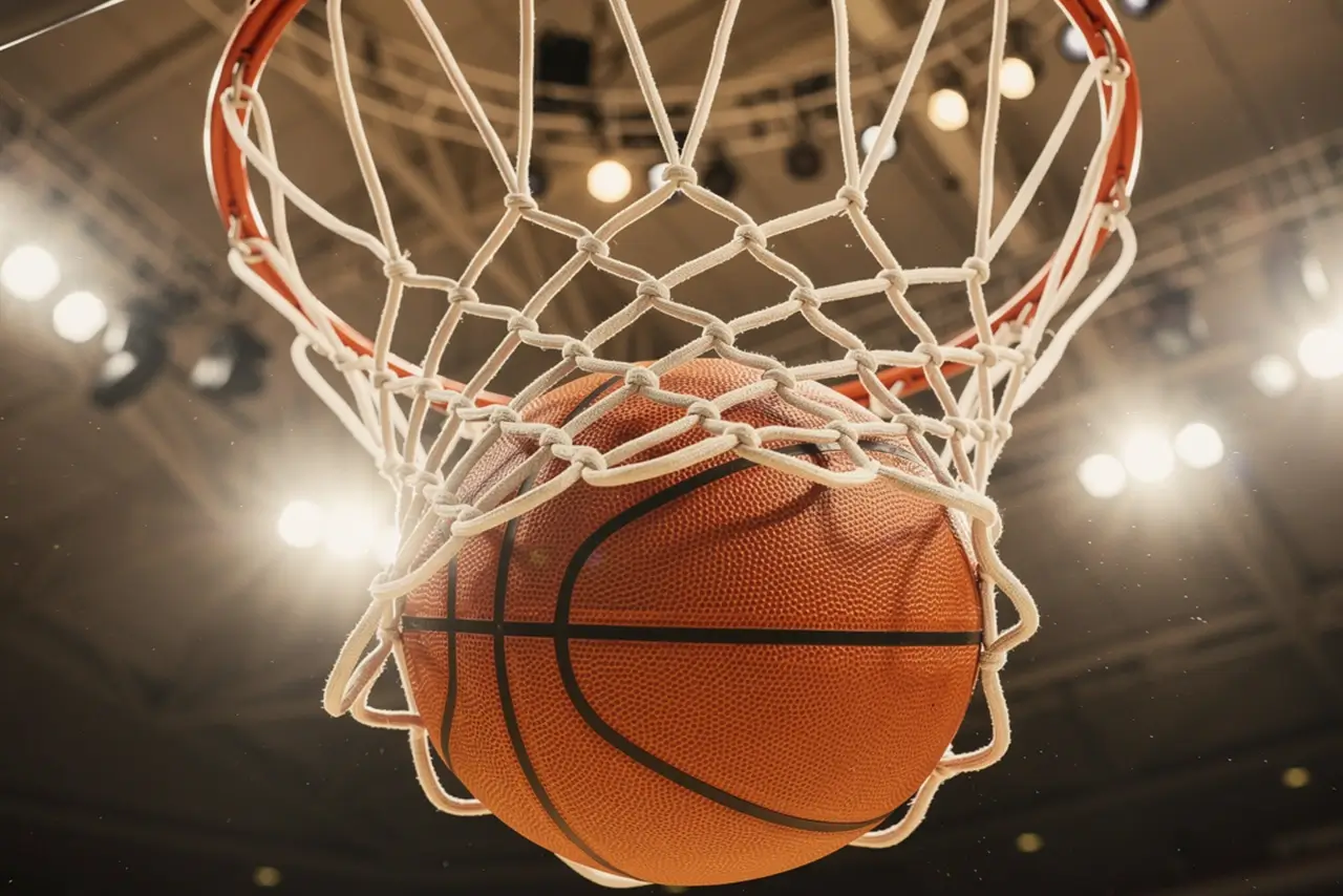 Basketball fliegt durch den Korb während eines schnellen Spielzugs in der NBA-Halle