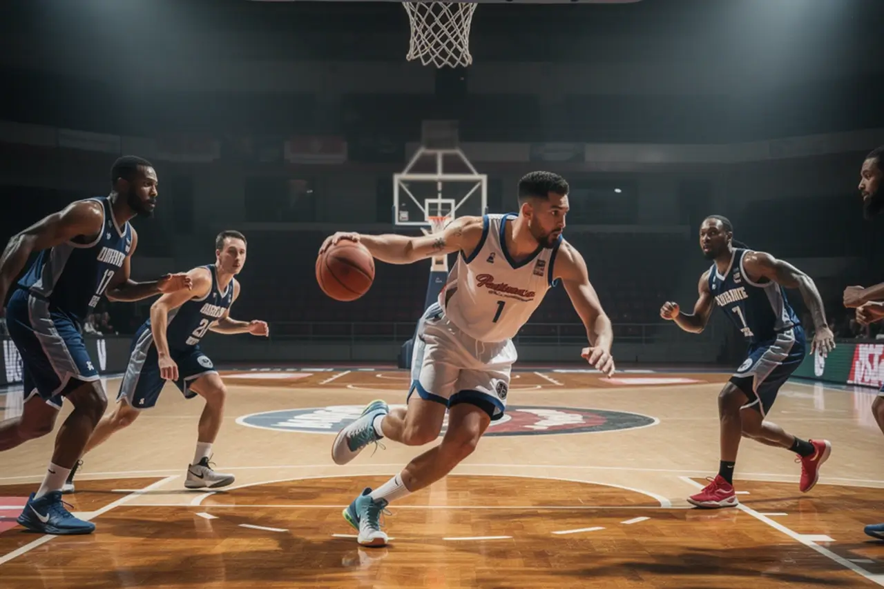 Schneller Angriff im Basketball mit Spielern in Bewegung auf dem Spielfeld