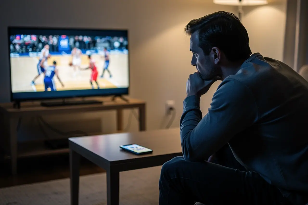 Mann sitzt nachdenklich vor einem Fernseher mit einem Basketballspiel in einem abgedunkelten Raum