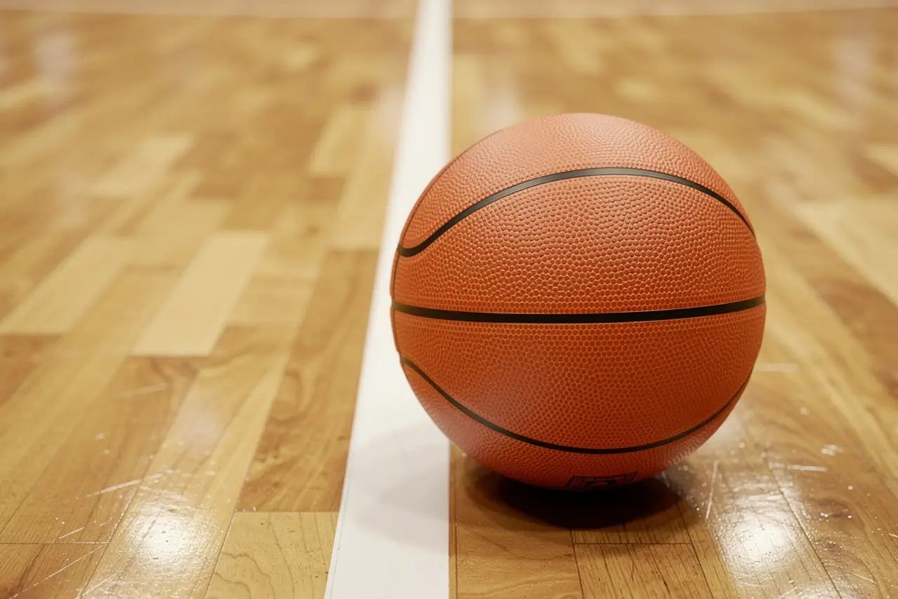 Nahaufnahme eines Basketballs auf dem Hallenboden neben der Seitenlinie eines Spielfelds