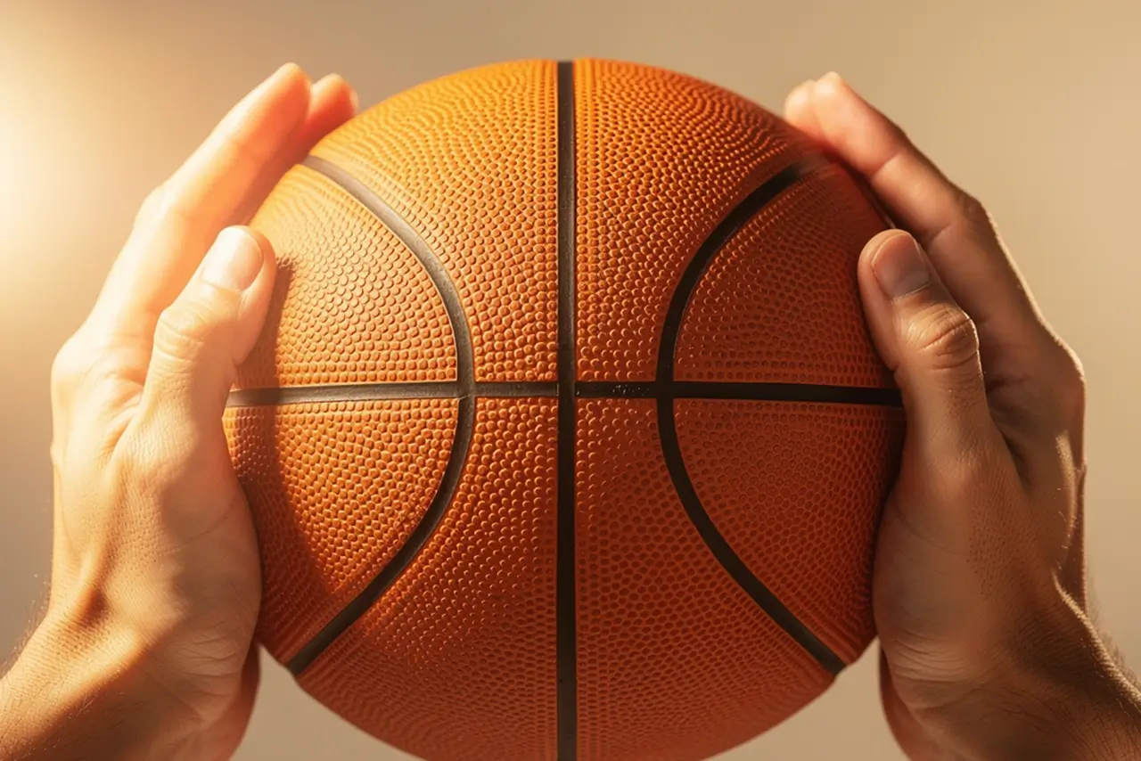 Zwei Hände halten schützend einen Basketball in warmem Licht vor einem ruhigen Hintergrund
