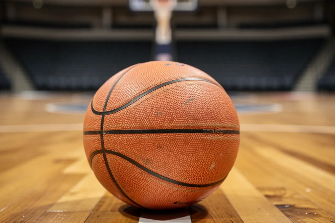 Nahaufnahme eines Basketballs auf dem Spielfeldparkett vor einem unscharfen Spiel