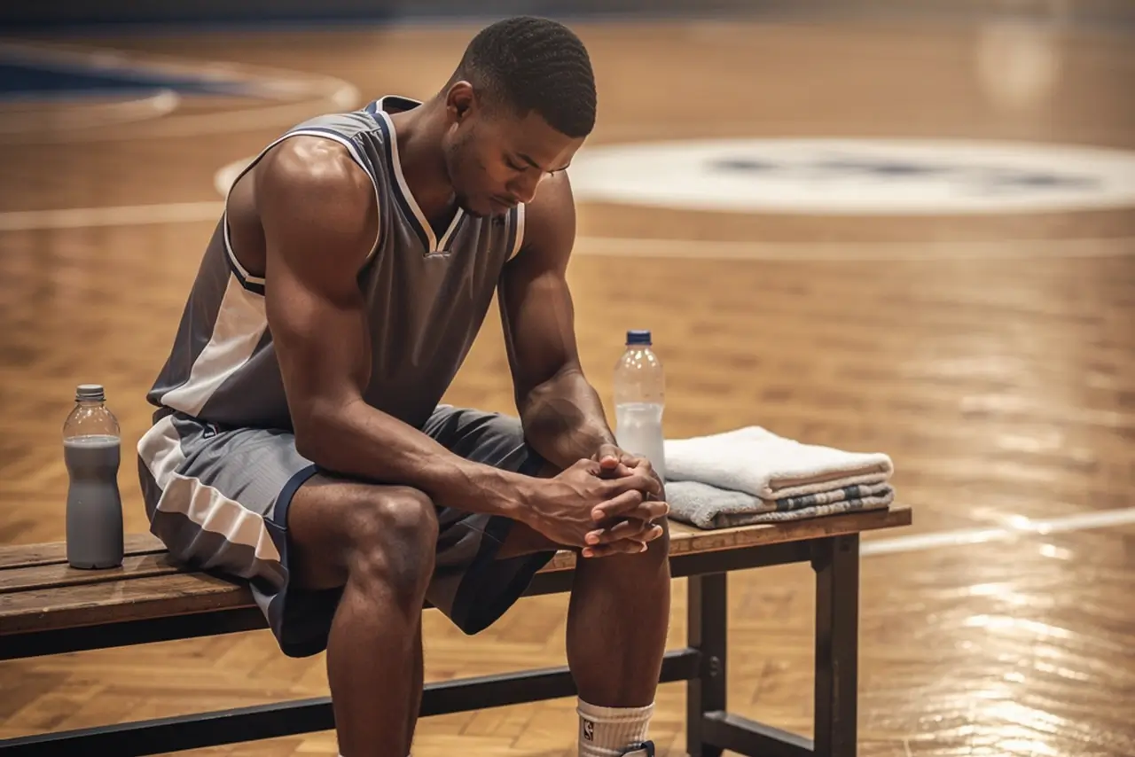Basketballspieler sitzt auf der Bank und hält sich das Knie während eines Spiels in der Halle