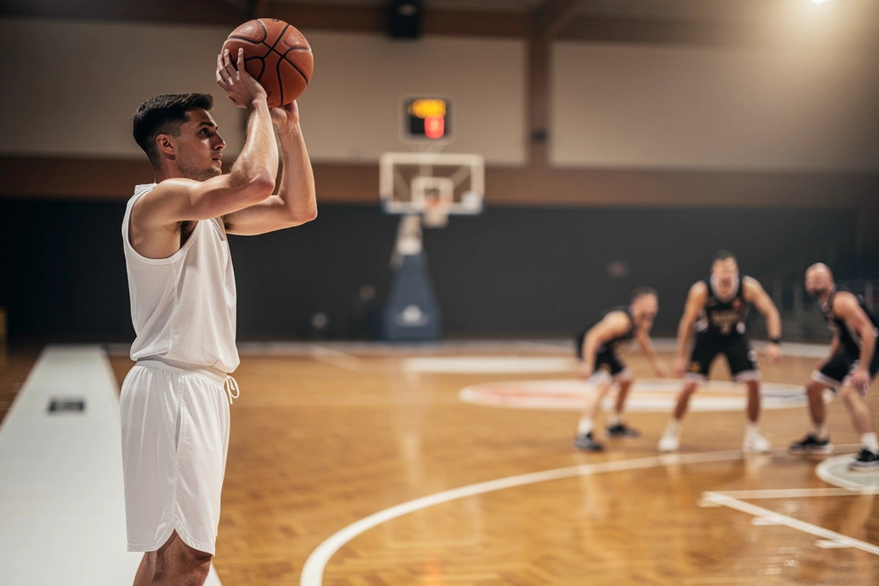 Basketballspieler beim Einwurf während eines Spielviertels in einer beleuchteten Halle